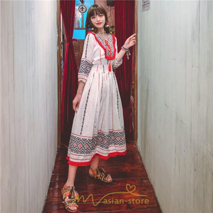 マキシ | ワンピース 夏 レディース リゾート きれいめ 夏ワンピ ファッション エスニック 幾何学柄 ウエストゴム レトロ サマーワンピース ロング 海外旅行 上品 夏服