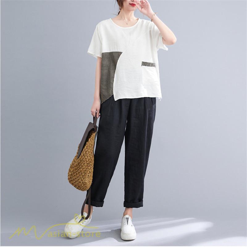 tシャツ・カットソー | tシャツ カットソー レディース 切り替え 女性着 シンプル カジュアル フリーサイズ ゆったり 夏新作 おしゃれ 半袖 チェック柄 黒 半袖tシャツ 丸首 白