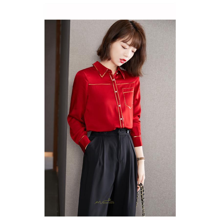 シャツ・ブラウス | ブラウス レディース シャツ トップス 赤 長袖シャツ 無地 オフィス カジュアル おしゃれ シフォン 通勤 通学 ナチュラル 可愛い 上品 オシャレ 秋服 キレイめ