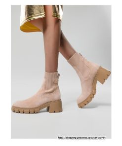 ショートブーツ | 大きいサイズ27cm レディース 上品 ブーツ 秋冬 春 厚底ブーツ ラウンドトゥ ソックス切り替え 太ヒール 大人 チャンキーヒール 黒ブーツ