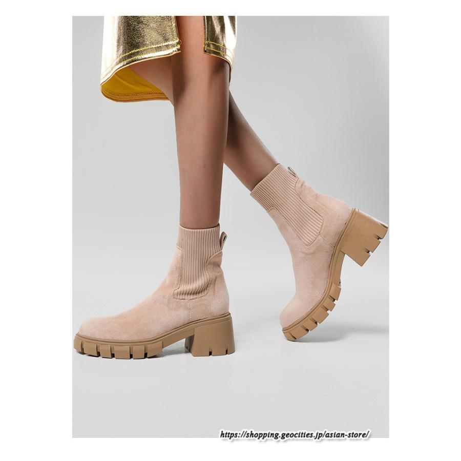 ショートブーツ | 大きいサイズ27cm レディース 上品 ブーツ 秋冬 春 厚底ブーツ ラウンドトゥ ソックス切り替え 太ヒール 大人 チャンキーヒール 黒ブーツ
