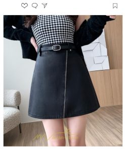 スカート | レザーボトムス ミニAライン 秋冬 レディース 革通勤 着痩せ フェイクレザー インナーパンツ付き ベルト付き ジッパー