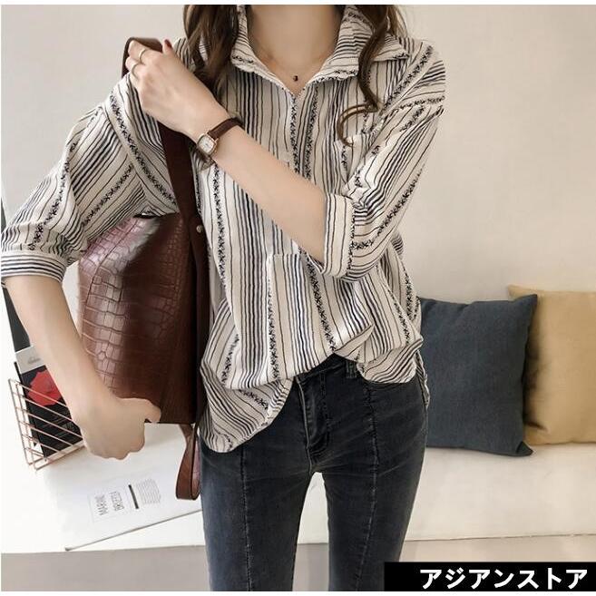 シャツ・ブラウス | 七分袖ブラウス レディースシャツ ストライプ プルオーバー 可愛い スリム ピンク 夏服 女の子 ストリート カジュアル 通勤 ブラウス かわいい 通学