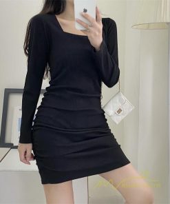 ミニ丈 | タイトワンピース 長袖 秋物 レディース セクシー ヒップアップ 美シルエット パーティー 無地 ストレッチ ミニワンピース スリム タイト 膝上丈 伸縮性