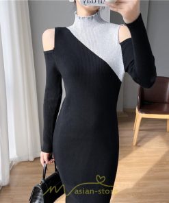 ニットワンピース | ワンピース 秋 秋服 レディース ニット ロングワンピース ロング 長袖 肩出し 秋冬 バイカラー 送料無料 セクシー お出かけ 暖か フェミニン デート
