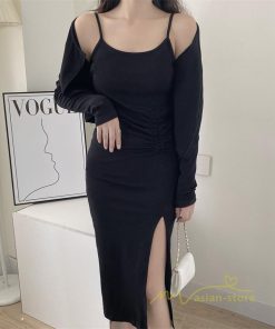 ミディアム | ワンピース タイトワンピース カーディガン セットアップ 2点セット セクシー 膝丈 スリット パーティー キャミソールワンピース スリム 無地 大人 美ライン