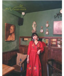 マキシ | ワンピース レディースワンピース 春夏 マキシワンピース ハイウエスト 長袖 二次会 通勤 OL 40代 着痩せ 刺繍 Vネック Aライン カジュアル エスニック 4色