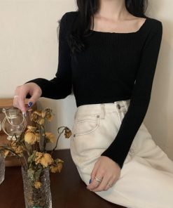 ニット・セーター | スクエアネック リブニットトップス 秋冬