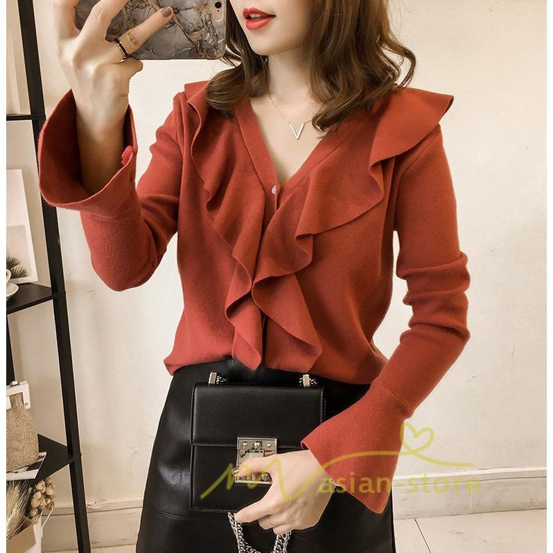 在庫ある | 短納期ニットインナーレディーストップス ニットブラウス フレアファッション フォーマルオフィスビジネスカジュアルブラウス 薄手 通学通勤 可愛い 着痩せ OL