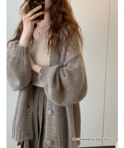 カーディガン | ニットミドル丈 レディース 羽織り ライトアウター 長袖 ニット セーター フロントボタン ボリューム 大きめ ゆったり パフスリーブ