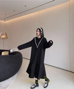 マキシ | スウェットワンピース 秋冬 レディース ロングワンピース ロングスウェット 裾切り替え 長袖ワンピース 30代60代 ゆったり 大人40代 黒ワンピース 大きいサイズ