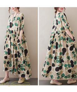 マキシ | Aラインワンピース レディース フリーサイズ 着痩せ プリント 5分袖 クルーネック 麻 綿 リネン 体型カバー ゆったり 薄手 サマーワンピース 夏コーデ