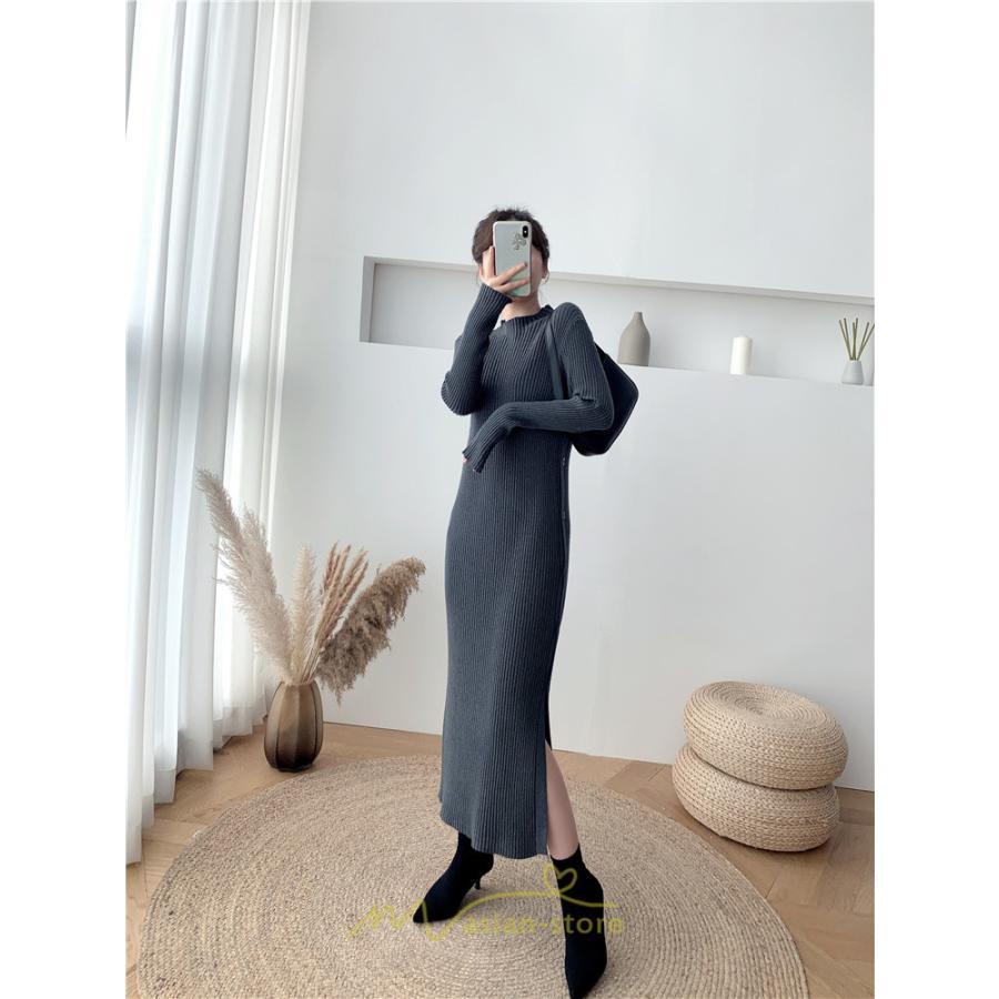 ニットワンピース | レディース 冬 きれいめ ロング おしゃれ 秋冬 長袖 ハイネック サイドスリット セクシー 同窓会 デート 大人フェミニン 女子会 韓国風