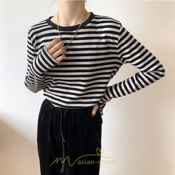 tシャツ・カットソー | 春物 レディース Tシャツ カットソー 長袖 トップス 綿 ボーダー シンプル プルオーバー リブ 柔らか 美ライン スリム ストレッチ 丸ネック 微伸縮 20代30代