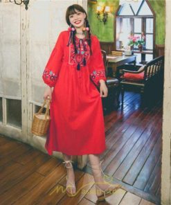 マキシ | ワンピース ロングワンピ パーティー お呼ばれ デート ゆったり 女子会 食事会 白 赤 黄色 青 Aライン 長袖 エスニック風 2022年夏秋新作 刺繍 Vネック 綿麻