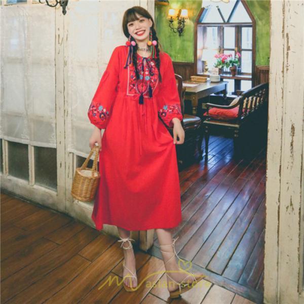 マキシ | ワンピース ロングワンピ パーティー お呼ばれ デート ゆったり 女子会 食事会 白 赤 黄色 青 Aライン 長袖 エスニック風 2022年夏秋新作 刺繍 Vネック 綿麻