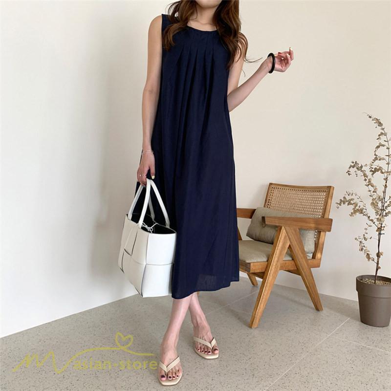 マキシ | ワンピース ノースリーブ 夏服 麻混 リネン混 春夏 カジュアル Aラインワンピース 綿麻 レディース フリーサイズ 夏 ロング丈 ギャザー きれいめ 無地