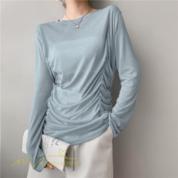 tシャツ・カットソー | Tシャツ Tシャツ レディース 無地 長袖 トップス カジュアルTシャツ おしゃれ クルーネック 秋服 夏秋 インナー 日常感 大きいサイズ 薄手 タック ゆったり 上品