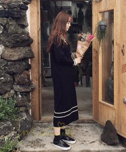 在庫ある | 短納期ロングニットワンピース ロングワンピ カットソー 長袖 トップス Vネック ゆったりセーターニット 体型カバー OL ストレートニットワンピ 通学通勤