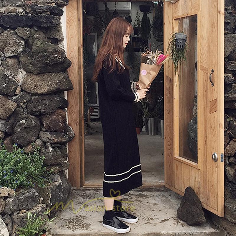 在庫ある | 短納期ロングニットワンピース ロングワンピ カットソー 長袖 トップス Vネック ゆったりセーターニット 体型カバー OL ストレートニットワンピ 通学通勤