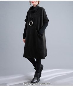 マキシ | ニットワンピース レディース チュニック デザイン タートルハイネック ニット 暖か 斜めスリット 着痩せ キレイめ 上品 おしゃれ フェミニン 通勤