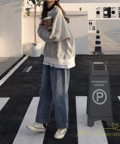 パーカー | フェイクレイヤード風トレーナー レディース ゆったりシルエット 切替 長袖 トップス フードなしボーダー ロングTシャツ サイドスリット入れ