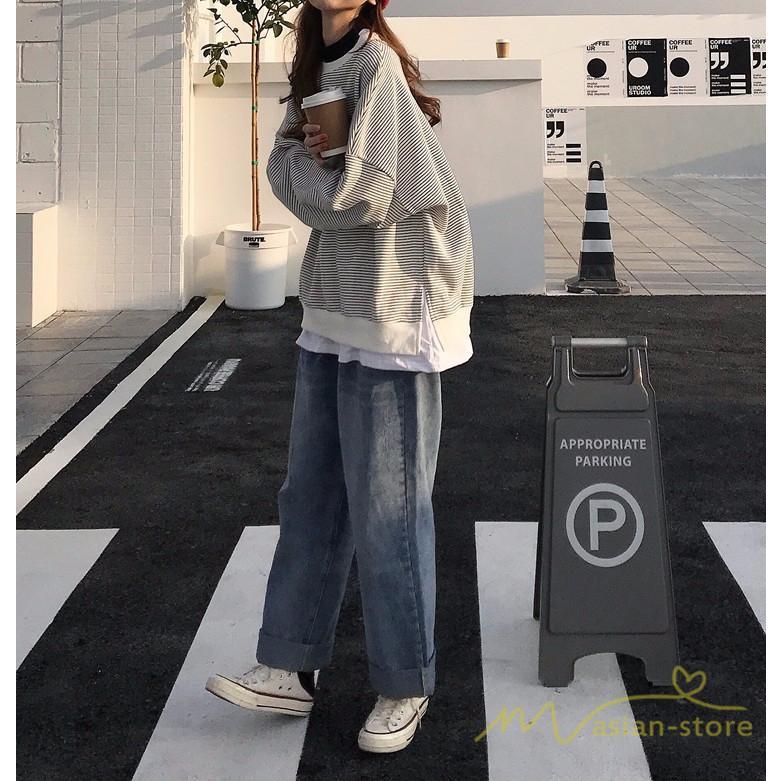 パーカー | フェイクレイヤード風トレーナー レディース ゆったりシルエット 切替 長袖 トップス フードなしボーダー ロングTシャツ サイドスリット入れ