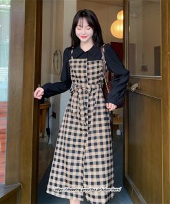 マキシ | ワンピース レディース 大きいサイズ チェック柄 リボン フレア 切り替え 重ね着風 レイヤード風 秋コーデ 秋 可愛い 若見え 冬 オシャレ 着痩せ