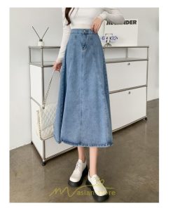 スカート | デニムフレアミモレ丈 ロングt丈 シンプル ゆったり レディース フレア 大人 秋冬 ハイウエスト 美脚 韓国ファッション 可愛い