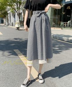 スカート | フレアロングレデイース リネンウエストゴム 綿麻混 マキシマキシ リゾート チェック柄 体型カバー