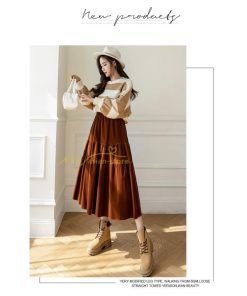 スカート | ロングティアードAラインミモレ丈 フレアビロードウエストゴム ハイウエスト 秋冬 無地 ゆったり