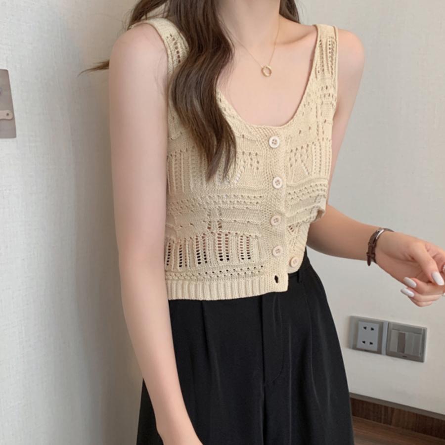 透かし編みトップス | 透かし編み タンクトップ スクエアネック