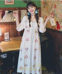 マキシ | ロング丈ワンピース レディース 花柄 Aライン 七分袖 ロング丈 ゆるシンプル きれいめ Vネック カジュアル 細見え 白 リゾート 黄色 上品 華やか 旅行