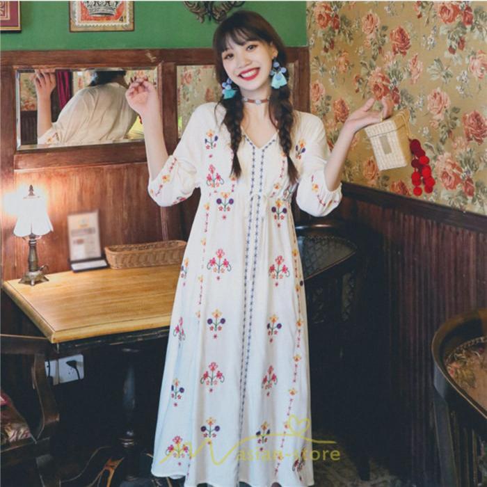 マキシ | ロング丈ワンピース レディース 花柄 Aライン 七分袖 ロング丈 ゆるシンプル きれいめ Vネック カジュアル 細見え 白 リゾート 黄色 上品 華やか 旅行