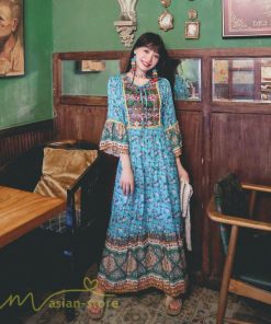 マキシ | ワンピース 長袖 レディース ロング丈 コットン Aライン ゆったり 体型カバー 大人 可愛い ナチュラル 春 夏 秋 海外旅行 フェミニン 着痩せ Vネック エスニック