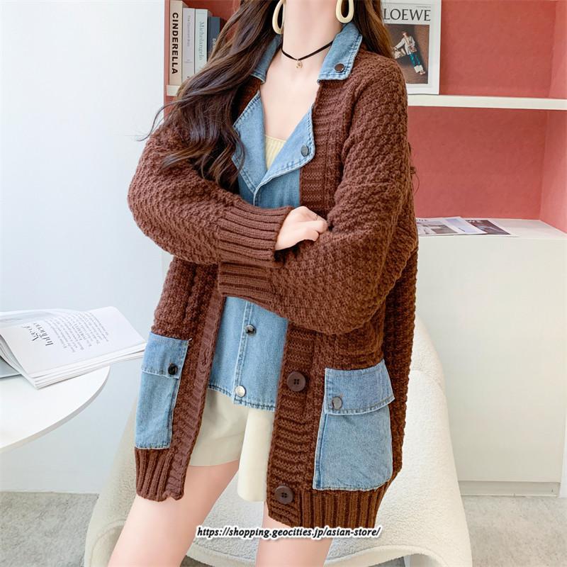 コート・ジャケット | ジャケット レディース 長袖 トップス ニット ニットカーディガン 切り替え デニム アウター 配色 デザイン おしゃれ 冬 カジュアル 2022 秋 カーディガン