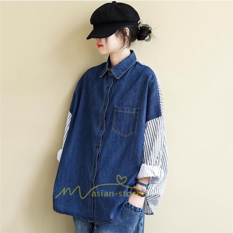 シャツ・ブラウス | デニム風シャツ レディース 異素材切替 シャツブラウス カジュアル 長袖シャツ 春服 胸ポケット トップス ゆったり 20代30代40代50代 おしゃれ 羽織り 通勤通学