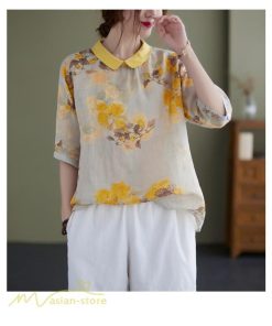 ｔシャツ・カットソー | Tシャツ Tシャツ プリント カジュアル 麻綿 リネン シャツ トップス サマーシャツ 襟付き カジュアル 大きいサイズ 夏コーデ 5分袖 麻綿 トレンド レディース