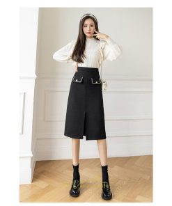 スカート | ロング丈 ミモレ丈 ハイウエスト Aライン レディース エレガント レトロ風 着痩せ 秋冬 スリット 女子会 ビジネス 通勤 OL フォーマル 就活　