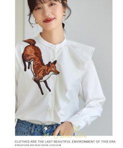 シャツ・ブラウス | ブラウス レディース オフィス 白 長袖 ビジネス カジュアル シャツ 刺繍 アニマル柄 動物柄 狐 個性的 冬 2022新作 秋 可愛い 上品 フェミニン