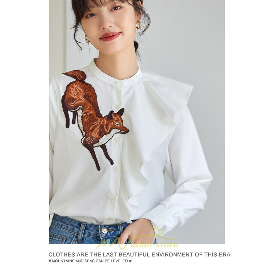 シャツ・ブラウス | ブラウス レディース オフィス 白 長袖 ビジネス カジュアル シャツ 刺繍 アニマル柄 動物柄 狐 個性的 冬 2022新作 秋 可愛い 上品 フェミニン