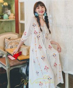 マキシ | ロング丈ワンピース レディース 花柄 Aライン 七分袖 ロング丈 ゆるシンプル きれいめ Vネック カジュアル 細見え 白 リゾート 黄色 上品 華やか 旅行