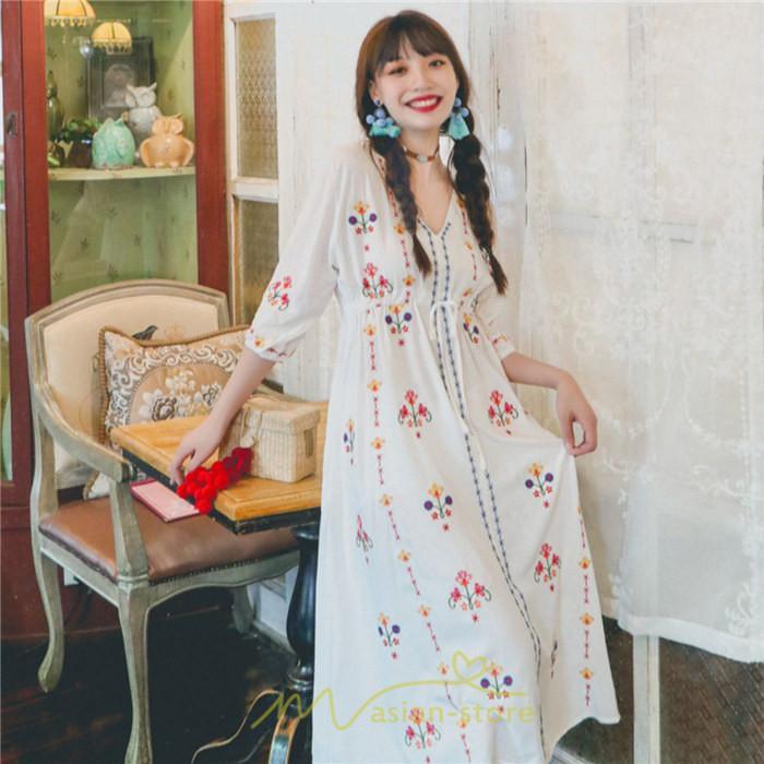 マキシ | ロング丈ワンピース レディース 花柄 Aライン 七分袖 ロング丈 ゆるシンプル きれいめ Vネック カジュアル 細見え 白 リゾート 黄色 上品 華やか 旅行