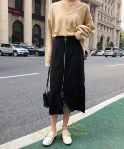 スカート | レディース タイト膝丈ストレッチ ジップアップ ボトムス ファスナー ブラック 無地 シンプル 伸縮性ある生地 膝下丈