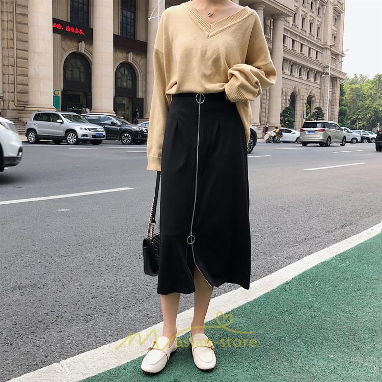 スカート | レディース タイト膝丈ストレッチ ジップアップ ボトムス ファスナー ブラック 無地 シンプル 伸縮性ある生地 膝下丈