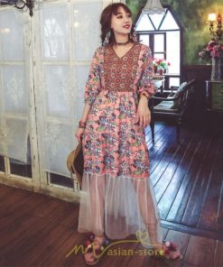 マキシ | 夏秋ワンピース チュール レディース マキシワンピース ロングワンピース パーティー 二次会 痩せて見える 七分袖 Vネック ピンク ハイウエスト 鎖骨 黒