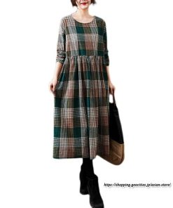 マキシ | チェック柄ワンピースリネン風 長袖ワンピース 30代レディース秋物長袖 綿麻風 ゆったり ゆるシルエット 大人 可愛い 通学通勤 リネンワンピ チェック柄 50代