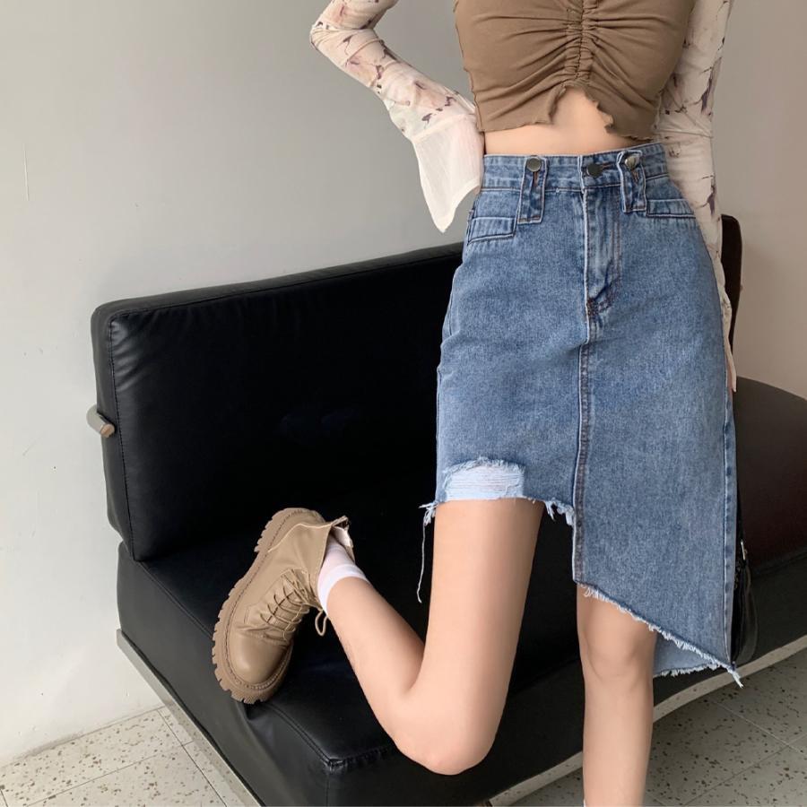 ひざ丈スカート | デニムスカート レディース ダメージ加工