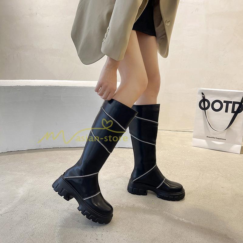 ロングブーツ | レディース ブーツ 秋冬 シューズ 靴 太ヒール チャンキーヒール 合皮ブーツ PUブーツ ロング靴 COS コスプレ 大人 後ろファスナー くつ