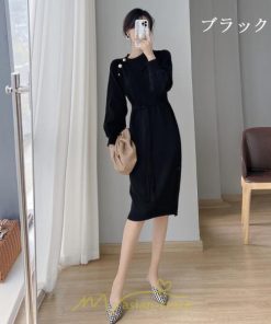 ニットワンピース | シンプル 秋冬 ベーシック 無地 膝丈 ミディアム丈 着痩せ スリット お出かけ 旅行 デート 送料無料 20代30代40代50代 女子会